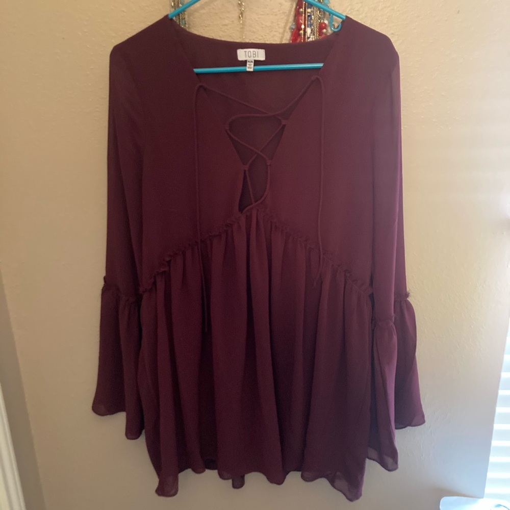 Tobi Deep Purple /Burgundy Babydoll Bell Sleeve Lace Up Neck Mini Dress, Medium